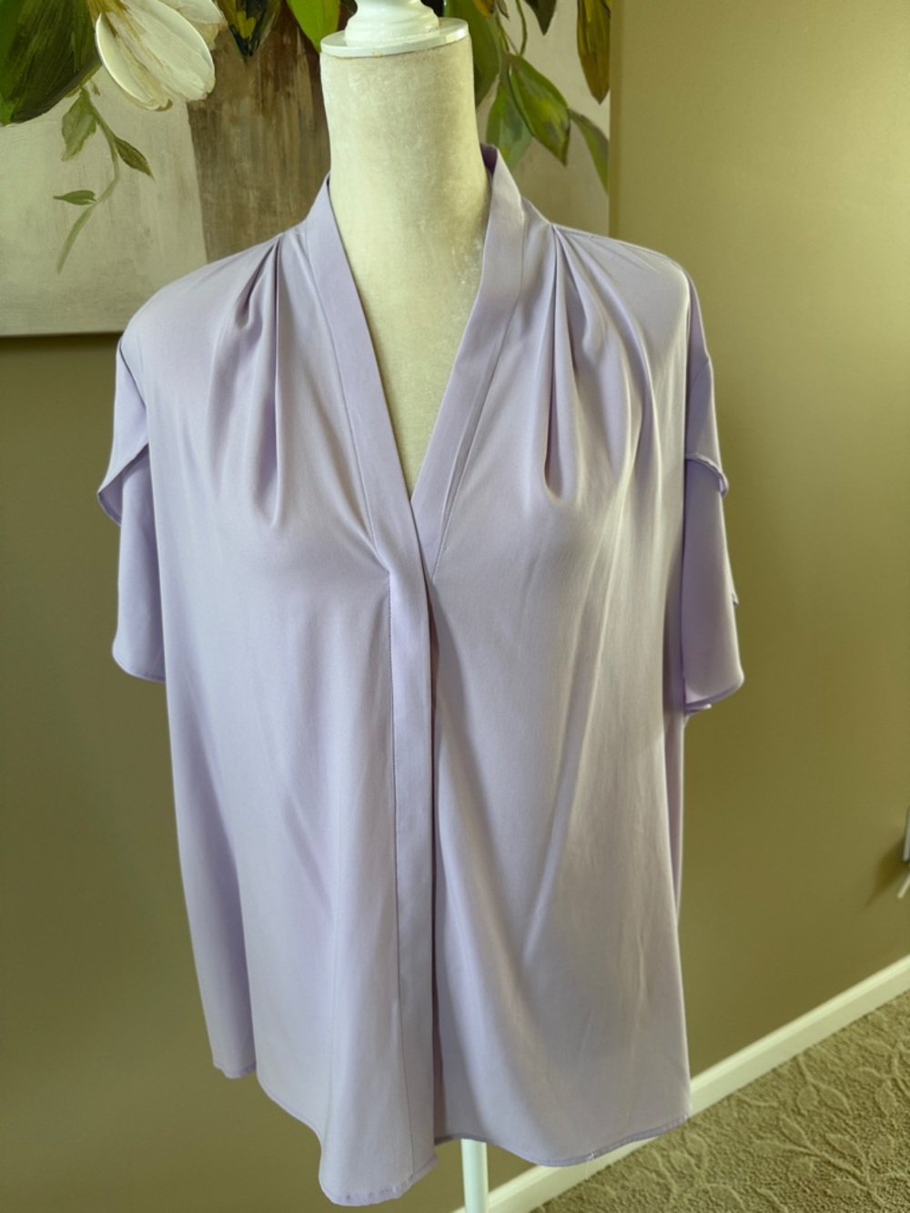 Calvin Klein Lilac V-Neck Pleated Short Sleeve Blouse